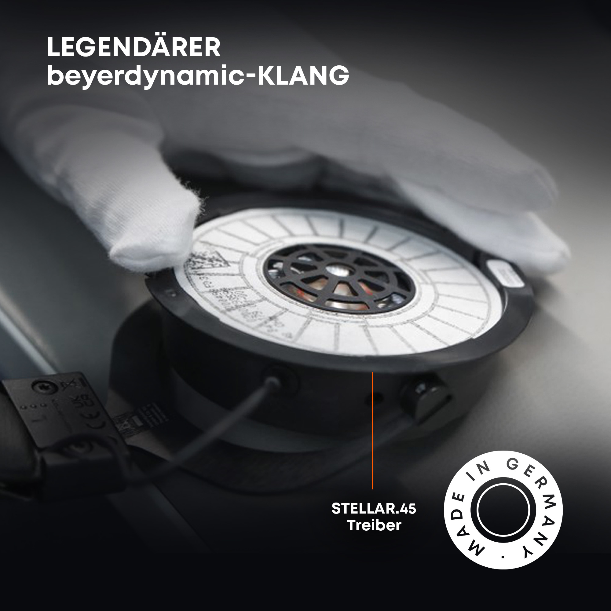 Kopfhörerkomponente. Text: LEGENDÄRER beyerdynamic-KLANG. Made in Germany-Badge ist sichtbar.