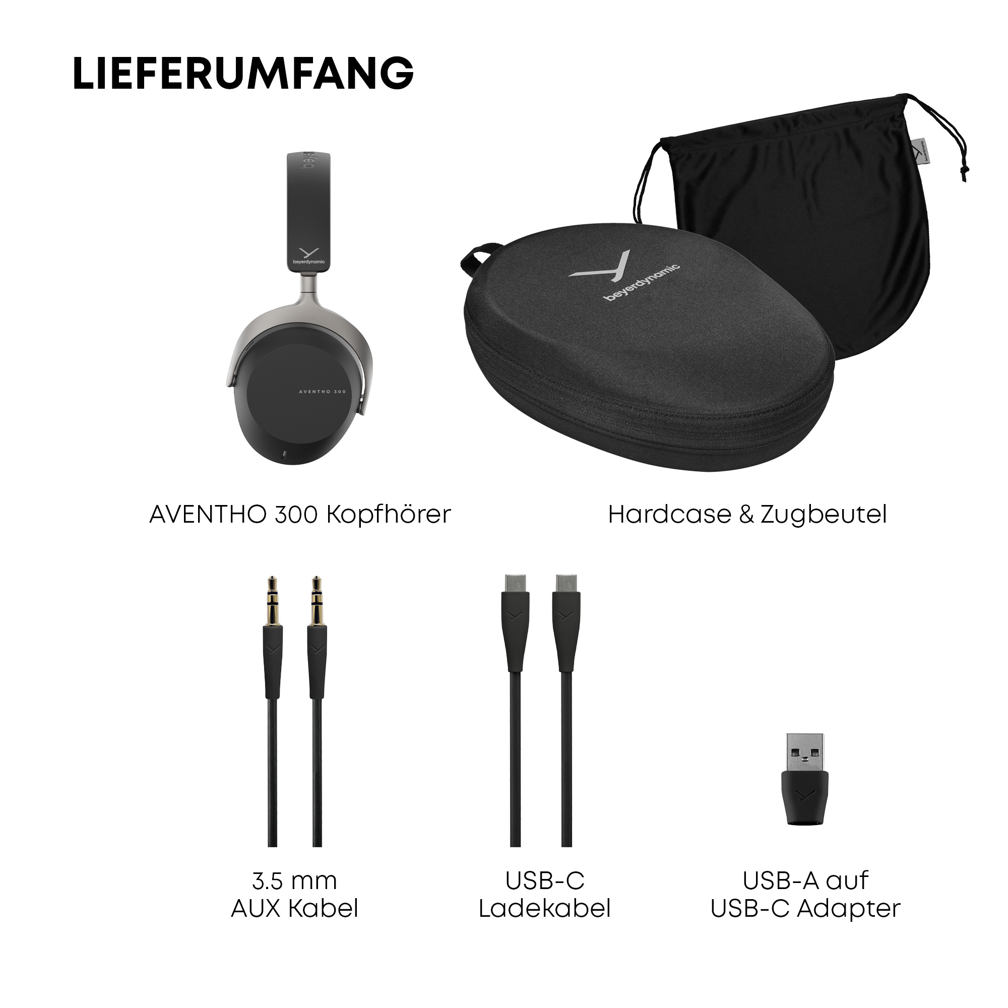 Kopfhörer, Hartschale, Tasche, AUX- und USB-Kabel und Adapter auf weißer Oberfläche. Text: 'LIEFERUMFANG'.