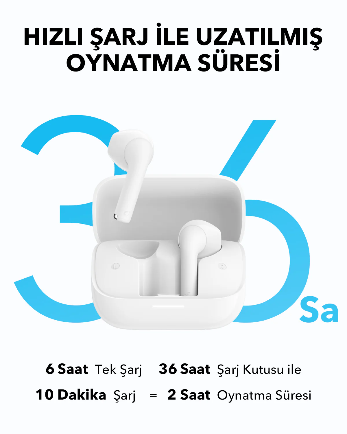 Mavi bir arka planda şarj kutusu olan beyaz kulaklıklar, pil ömrü hakkında metin.