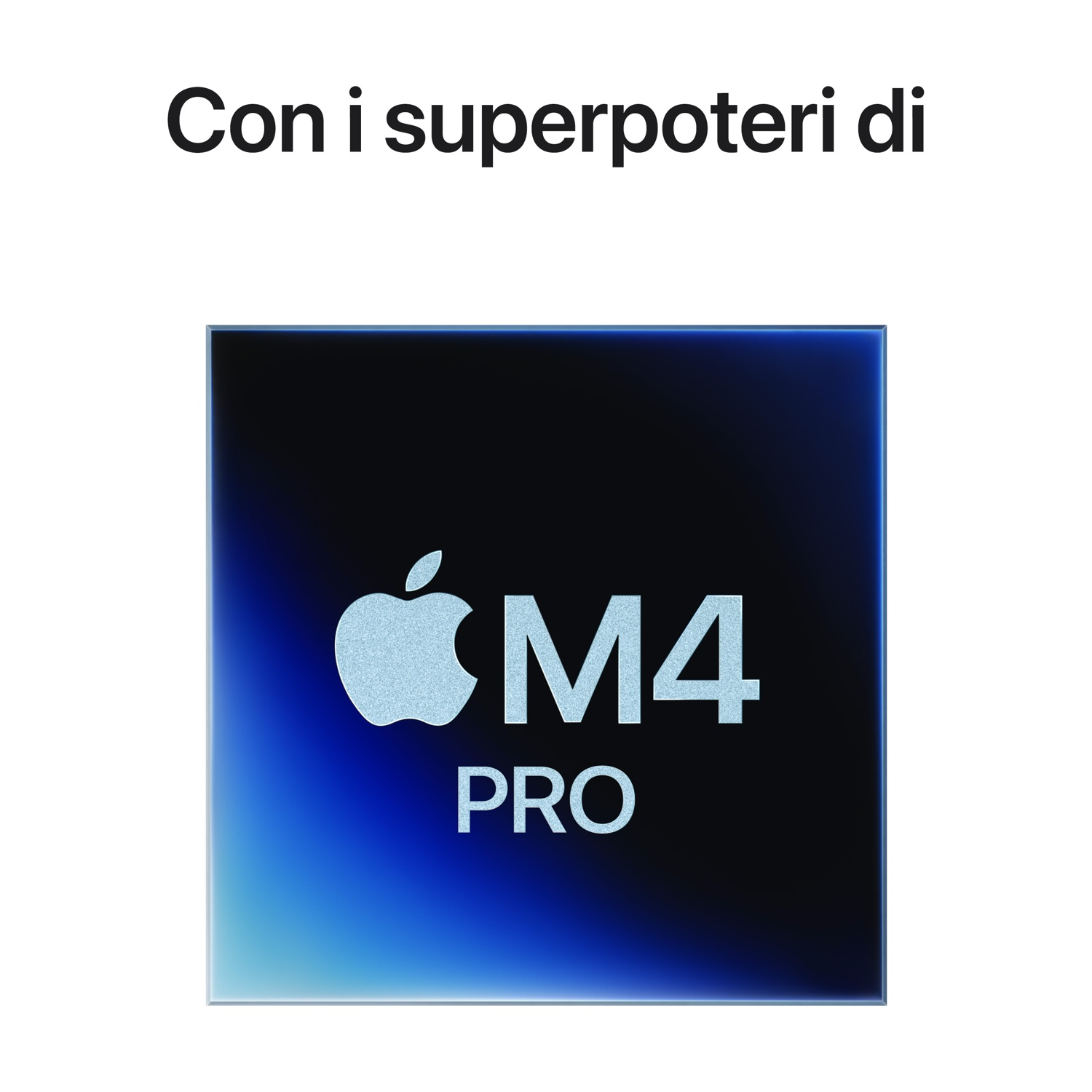 Un primo piano di un quadrato con il logo Apple e il testo M4 Pro, uno sfondo sfumato blu.
