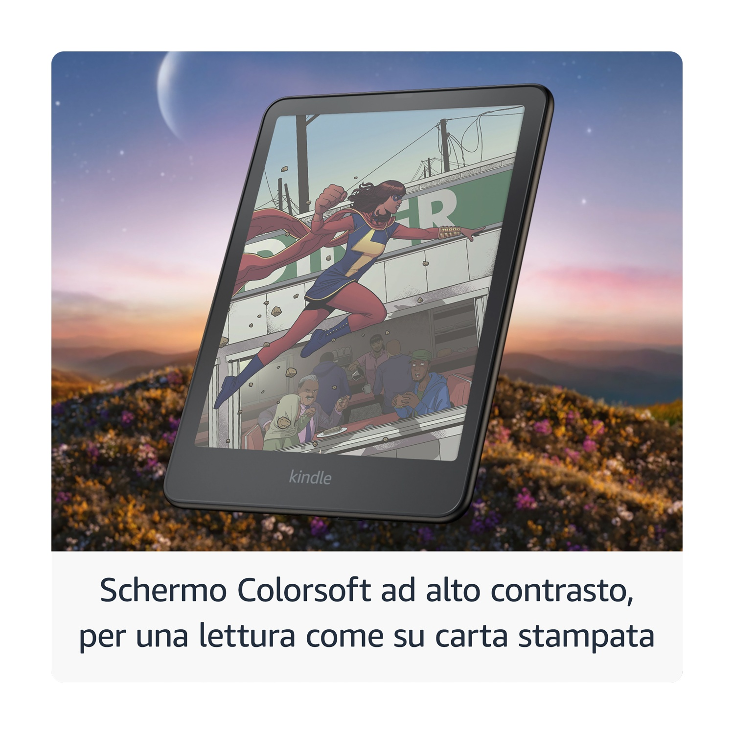 Un e-reader Kindle mostra un'immagine a fumetti. Lo sfondo mostra un tramonto e una luna.