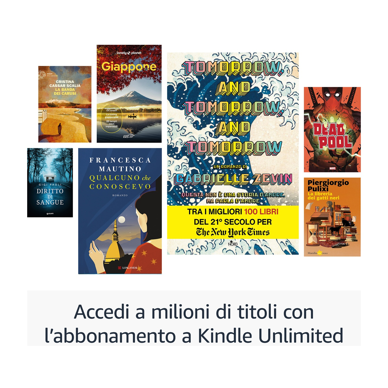 Una collezione di copertine di libri con testo in italiano. Sotto, il testo che dice 'Accedi a milioni di titoli con Kindle Unlimited'.