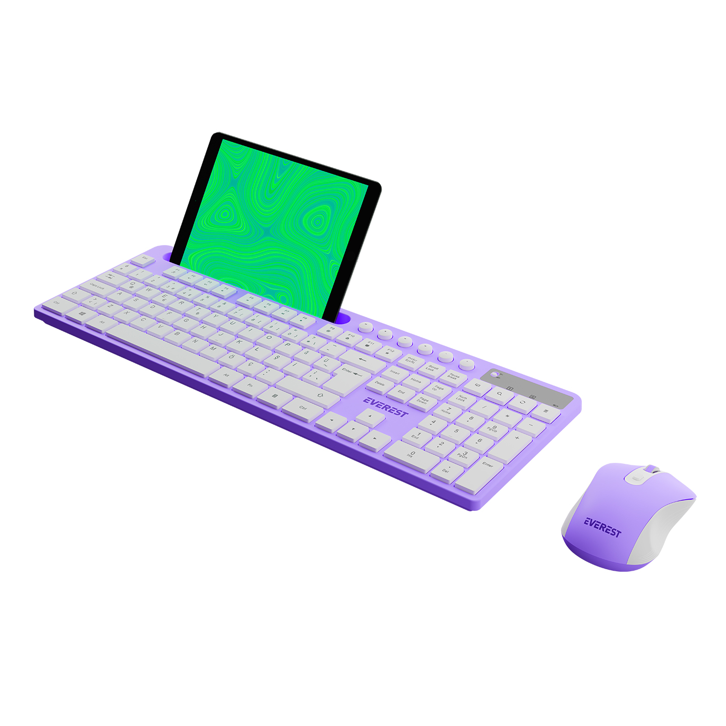 Yeşil bir desen gösteren bir tablet ekranı ve eşleşen bir fare ile mor klavye.