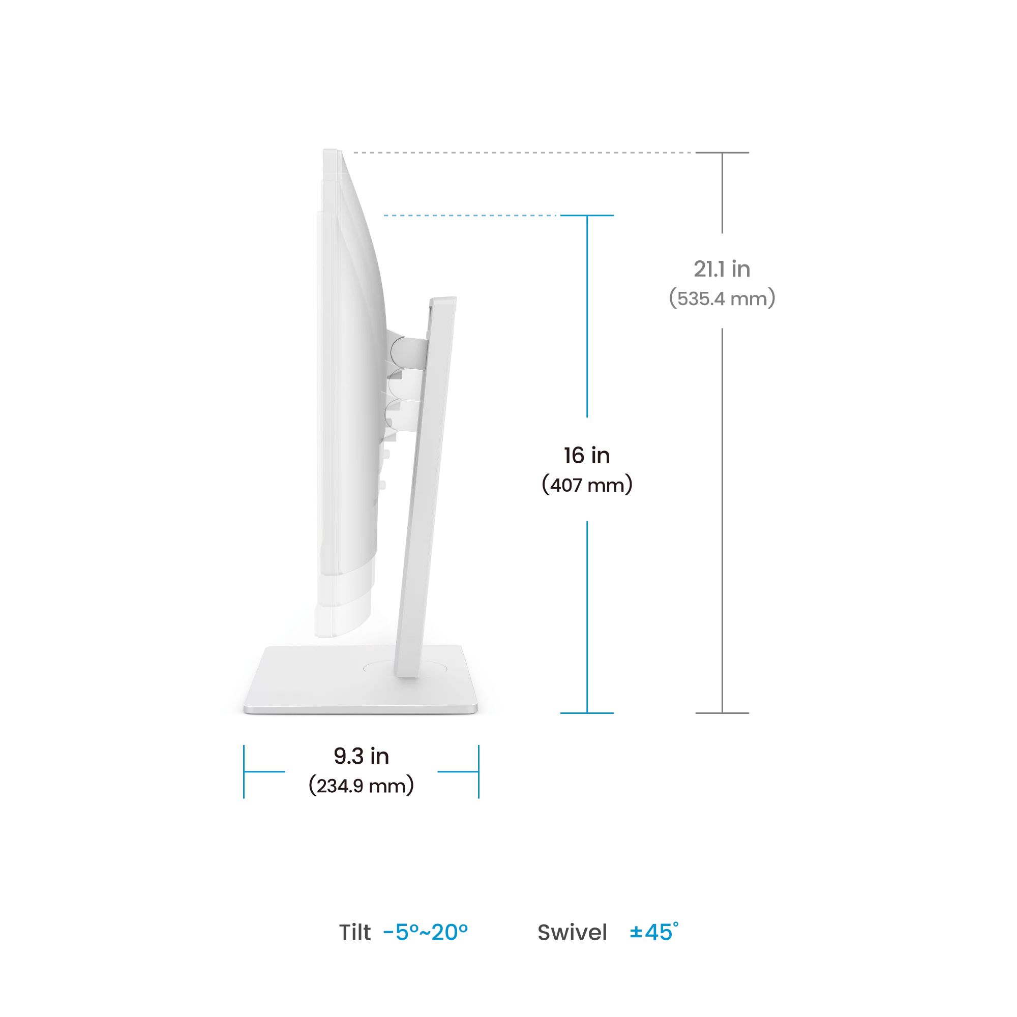 Weißer Computermonitor, Seitenansicht, mit Abmessungen. Schwarzer Hintergrund. Neige- und Schwenkfunktionen.