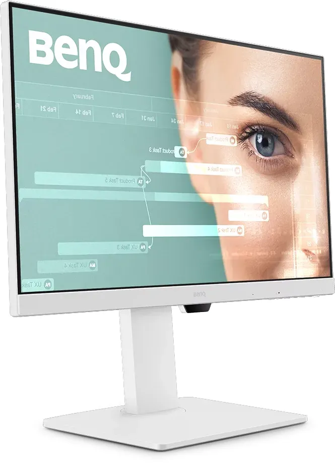 Weißer BenQ-Monitor, der das Gesicht einer Frau mit Datenanalyse-Diagramm zeigt.