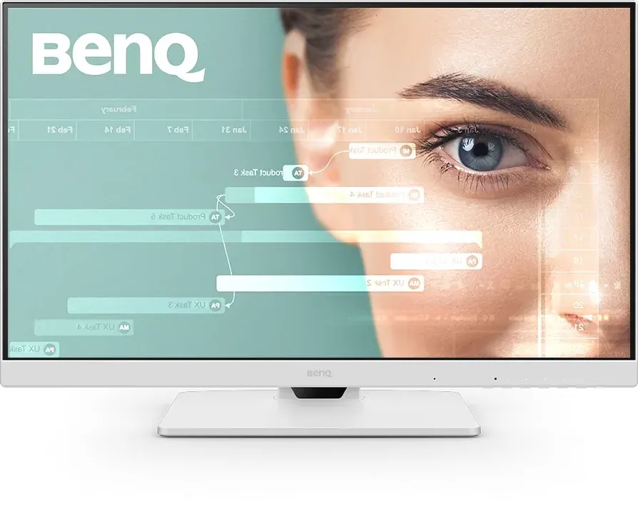 BenQ-Monitor mit dem Gesicht einer Frau und einer Benutzeroberflächen-Überlagerung. Weißer Rahmen.