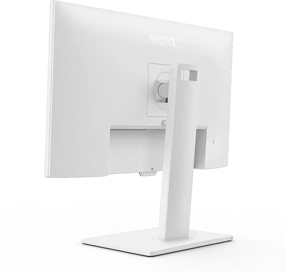 Rückseite eines weißen Monitors mit Ständer. Das BenQ-Logo ist sichtbar. Der Monitor steht auf einer weißen Oberfläche.