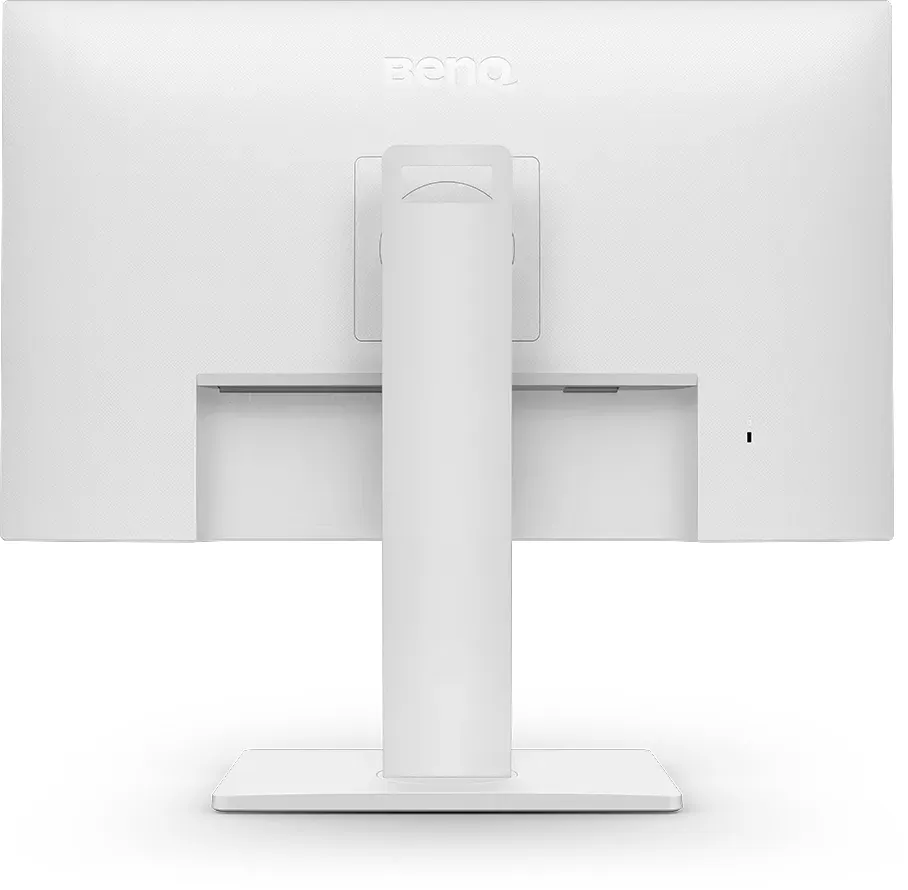 Die Rückseite eines weißen BenQ-Monitors wird mit Ständer und Portzugang gezeigt.