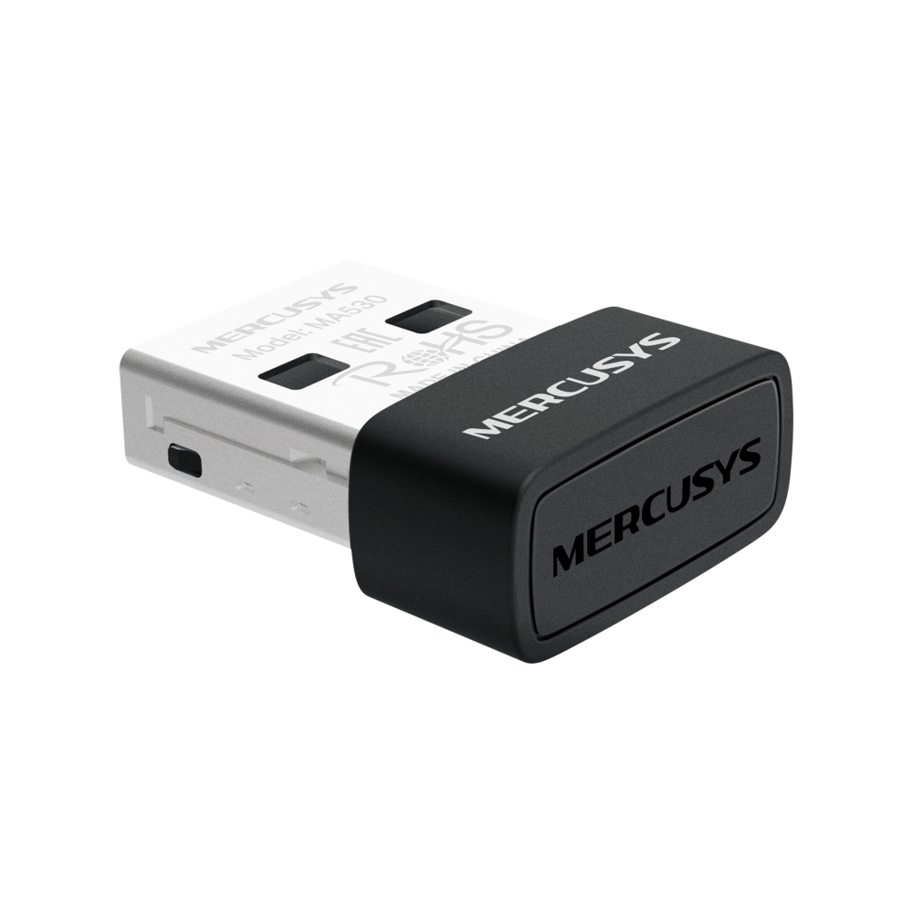 Siyah ve gümüş MERCUSYS USB Wi-Fi adaptörü. MERCUSYS logosu beyaz renkte belirgin bir şekilde gösteriliyor.
