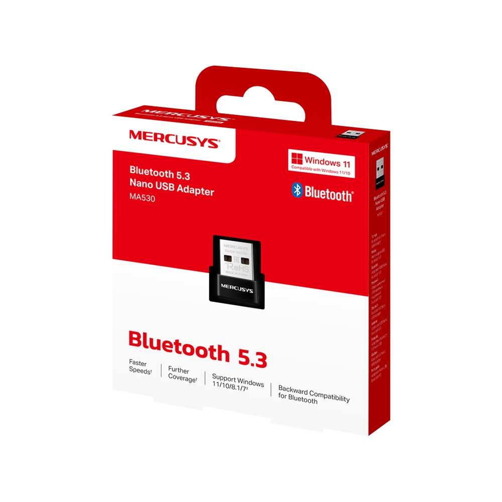 Bluetooth 5.3 Nano USB Adaptörü olan kırmızı ve beyaz kutu. Kutu beyaz zemin üzerinde.