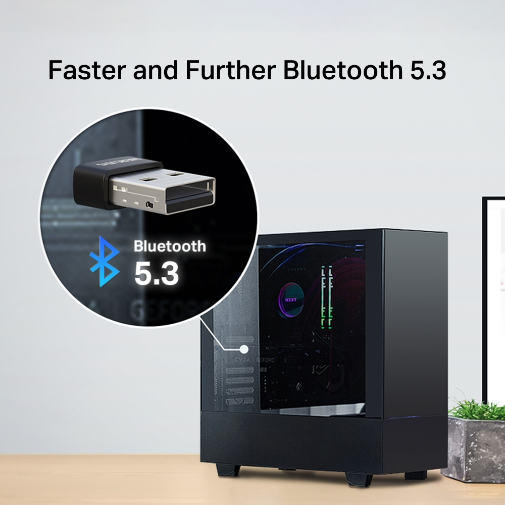 Siyah bir bilgisayar kasasının yanında Bluetooth 5.3 adaptörü. Bluetooth logosu görünür.