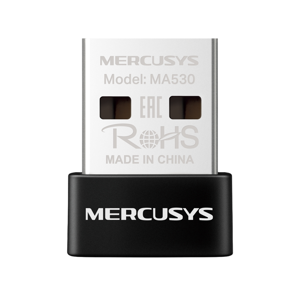 'MERCSYS' yazılı USB adaptörü, siyah taban. Model MA530. Çin'de üretilmiştir.