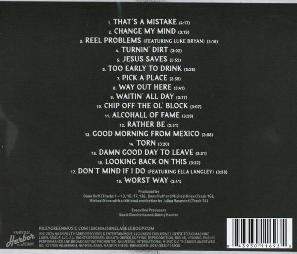 Rückseite einer CD-Hülle mit Titelliste. Enthält Songtitel und Künstlernamen. Schwarz und Weiß.