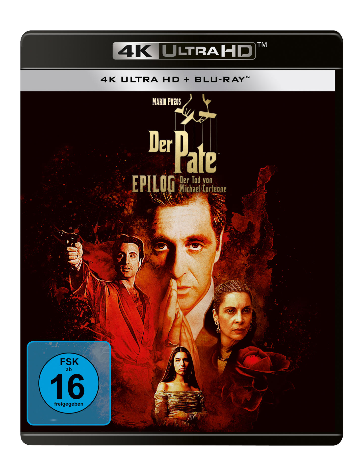 The Godfather Epilogue Blu-ray-Hülle, zeigt Filmstills, Bewertung und 4K Ultra HD-Logo.