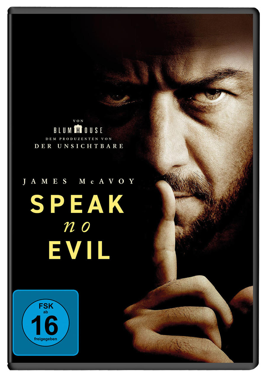 DVD-Cover: James McAvoy in Speak No Evil. Dunkel, Nahaufnahme, Finger an den Lippen.
