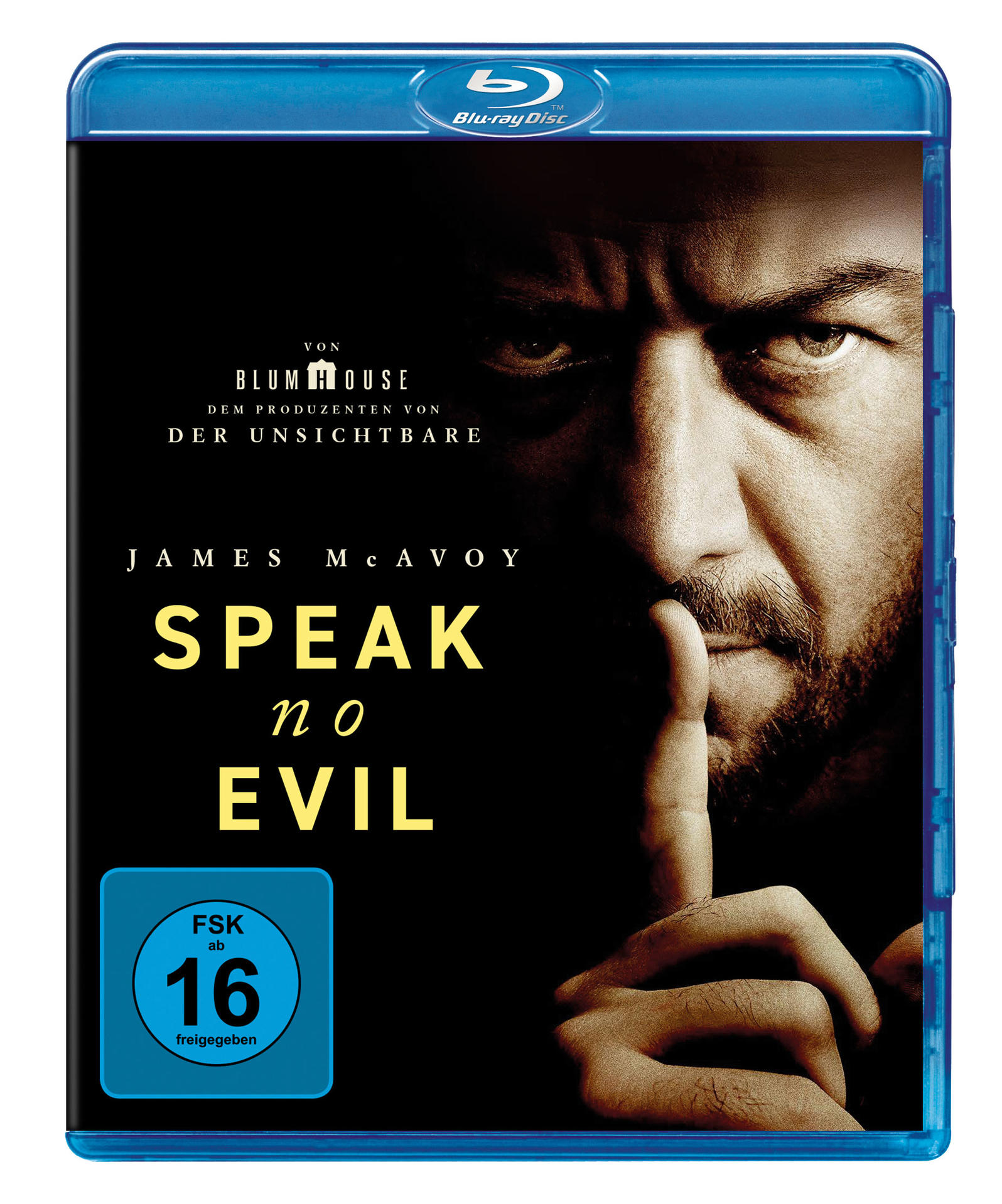 Blu-ray-Disc-Cover mit einem Mann, der „Shhh“ macht. Der Text lautet „Speak No Evil“ von Blumhouse.