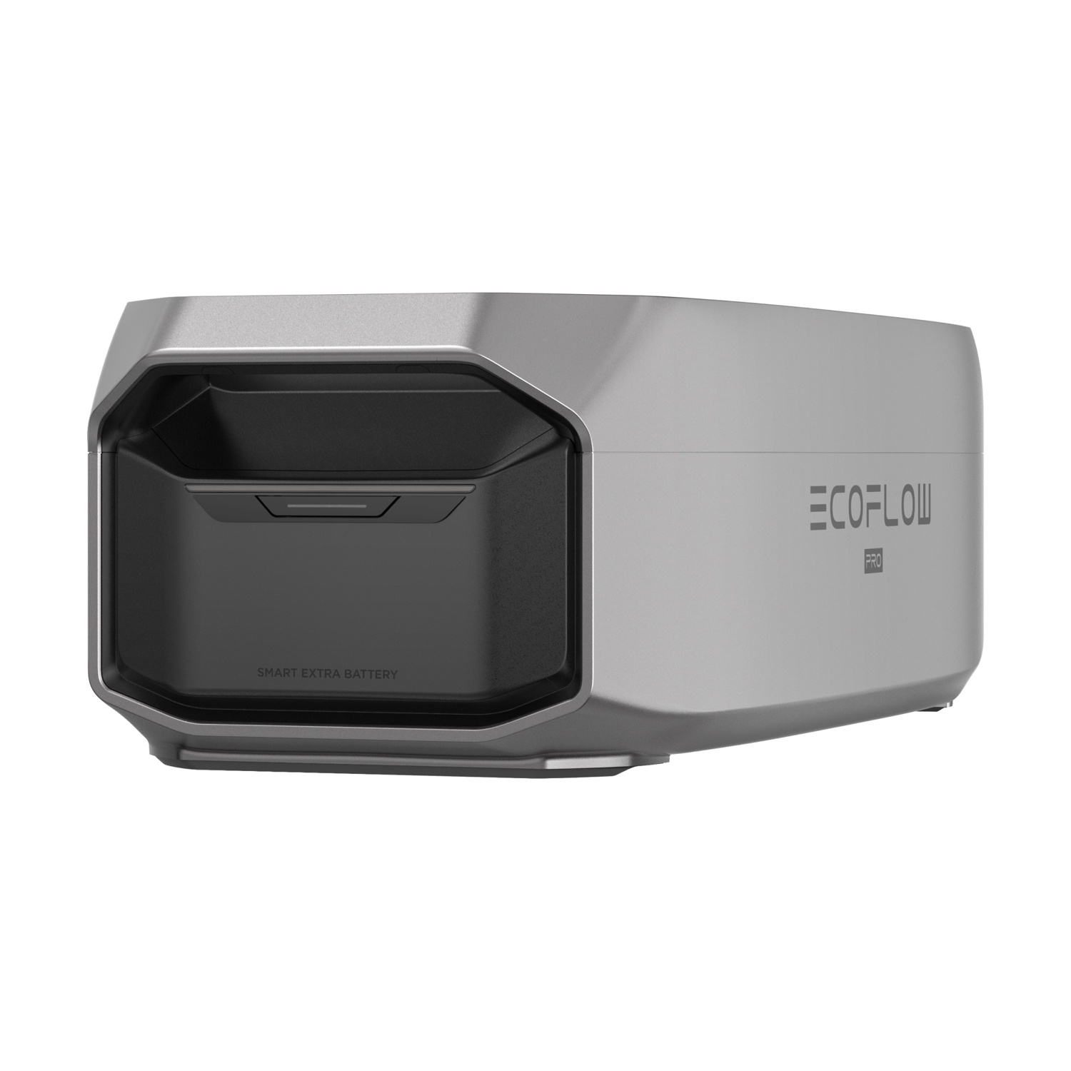 Batteria EcoFlow argento e grigio scuro, con vano portaoggetti nero e testo.