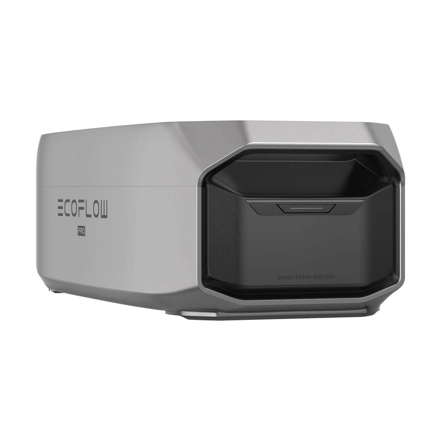 Batteria extra intelligente EcoFlow Pro argento. Forma rettangolare con un'area incassata grigio scuro.