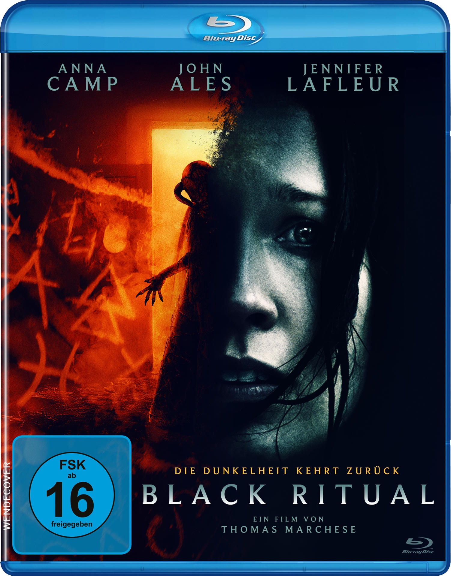 Blu-ray-Filmcover: ein Frauengesicht mit einer unheimlichen Figur. Titel: Black Ritual.