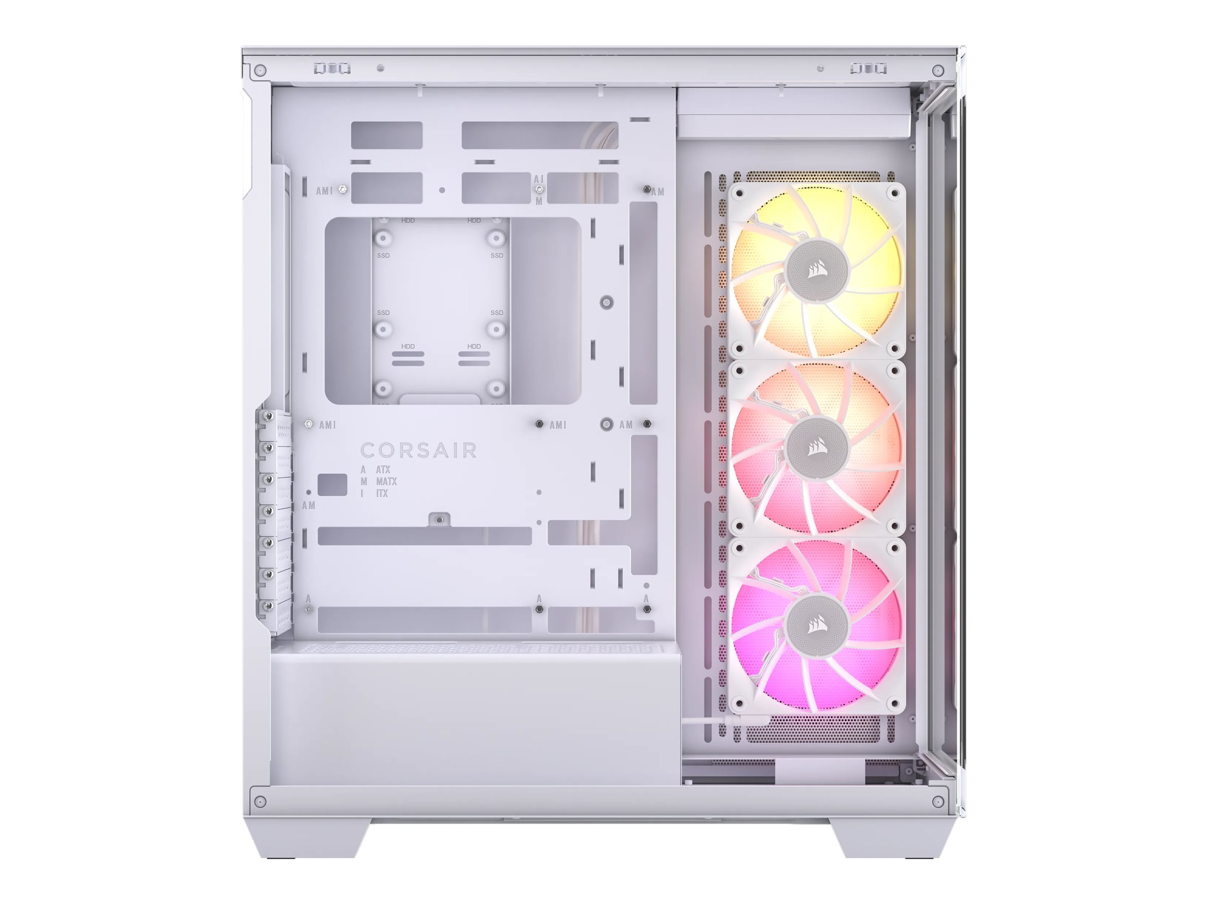 Ein offenes, weißes Computergehäuse. Drei Lüfter mit bunten Lichtern sind sichtbar. Die Komponenten sind leer.