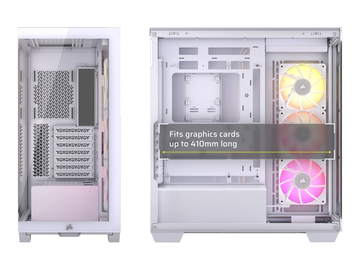 Weißes Computergehäuse, mit Glasplatte an der Seite, Innendesign zeigend.