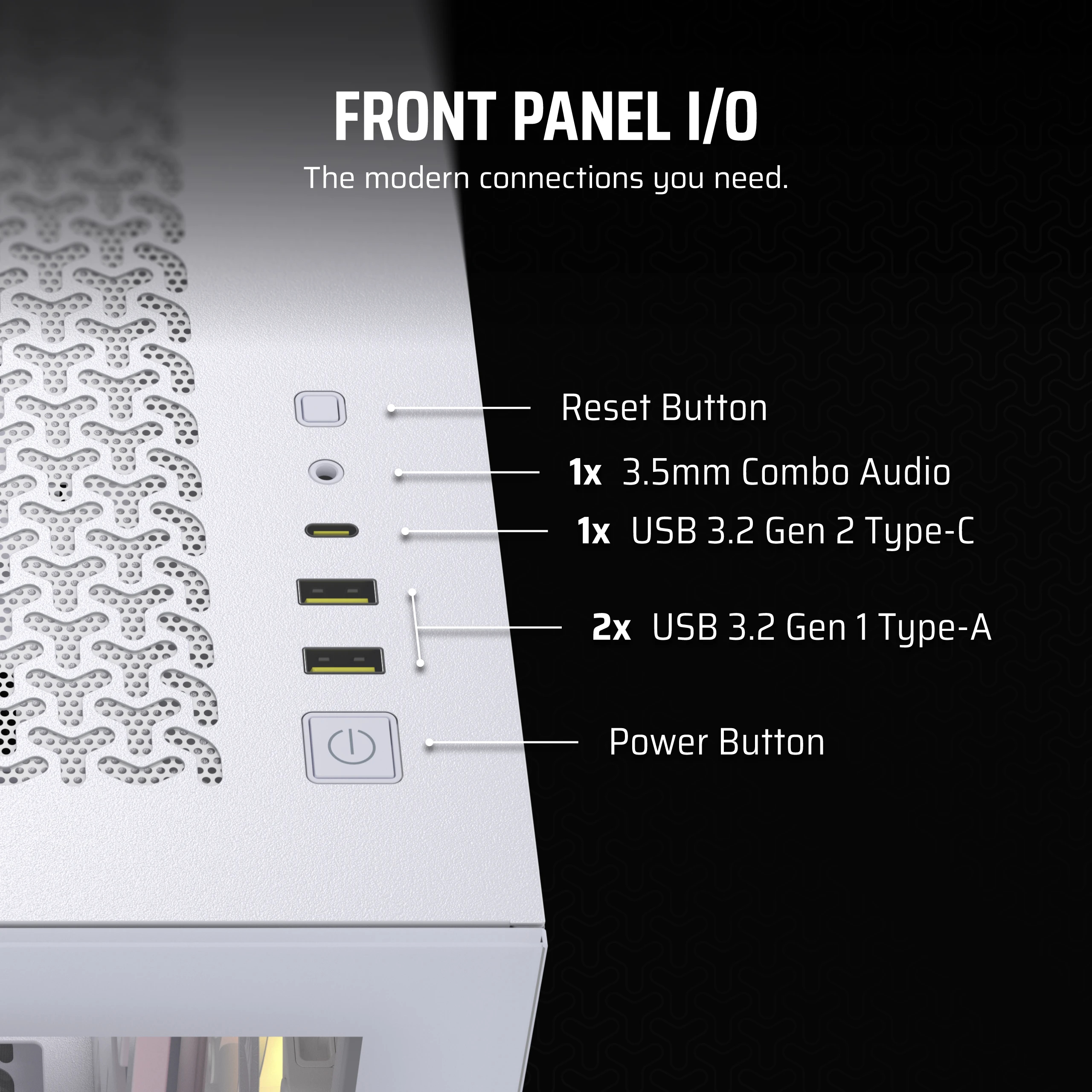 Ein weißes Computergehäuse-Frontpanel wird mit beschrifteten Tasten und Anschlüssen gezeigt.