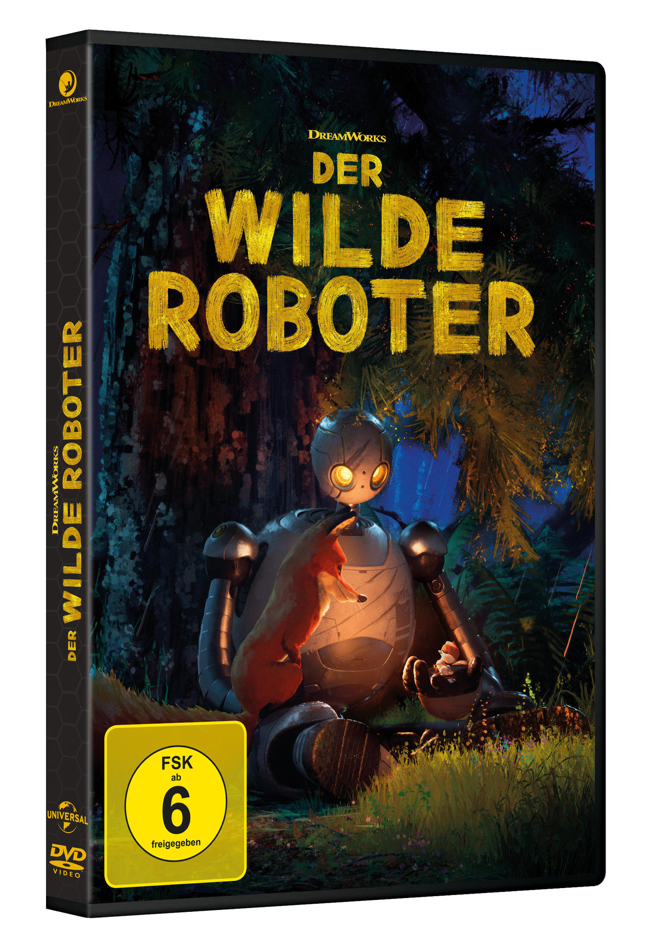 DVD-Hülle eines Roboters mit einem Eichhörnchen in einem Wald. Der Titel lautet 'Der Wilde Roboter'.