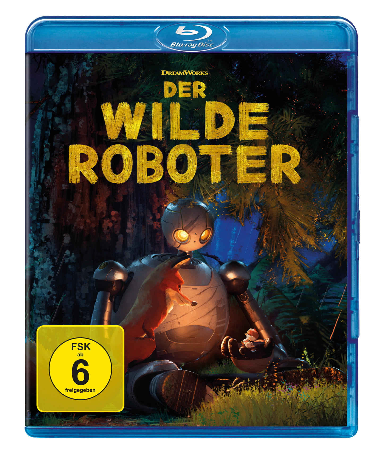 Filmcover für 'Der Wilde Roboter' mit Roboter, Fuchs im Wald, blauer Hintergrund.