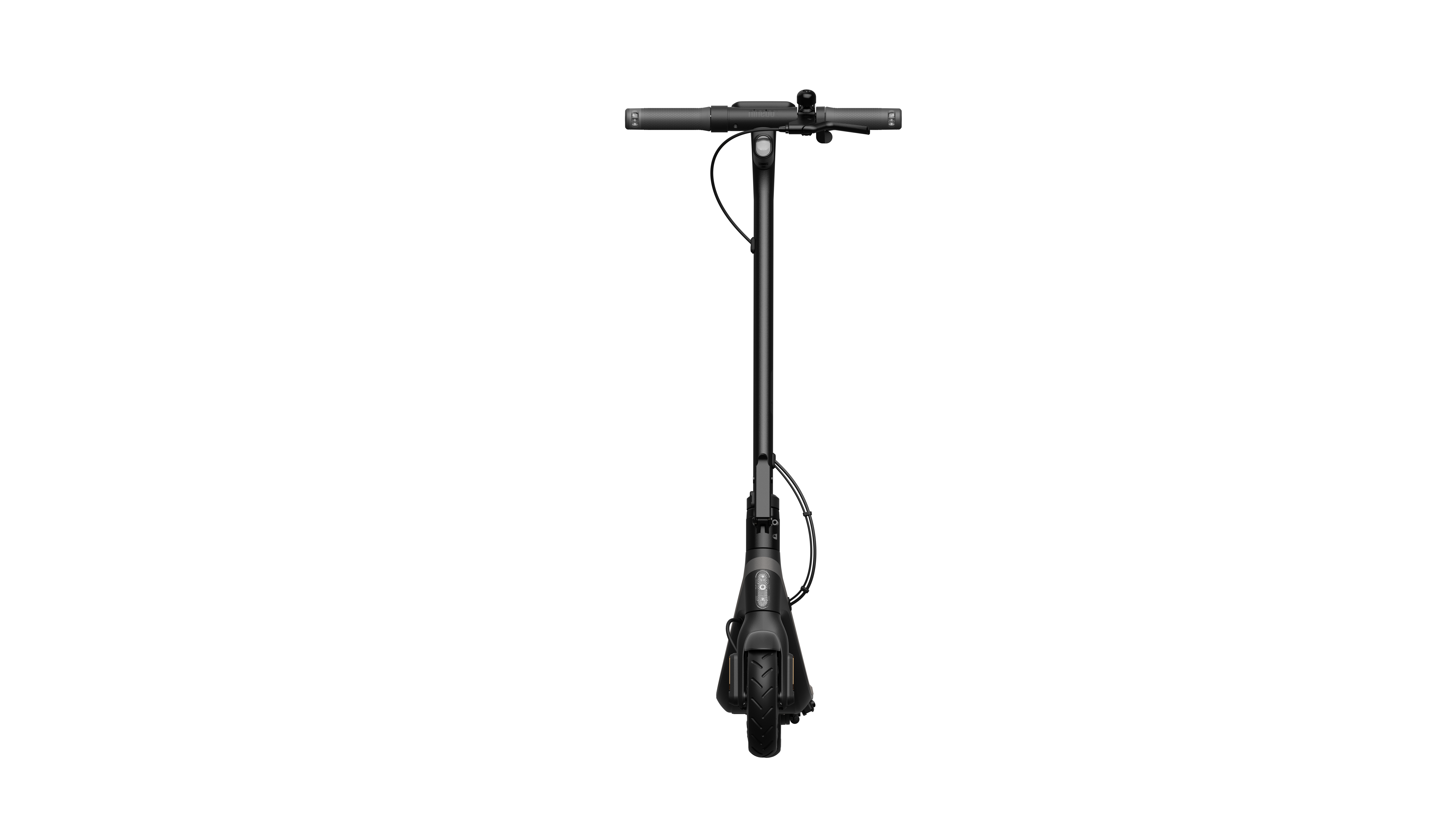 Czarna hulajnoga elektryczna z góry. Kierownica jest czarna, trzon czarny, a koło czarne.