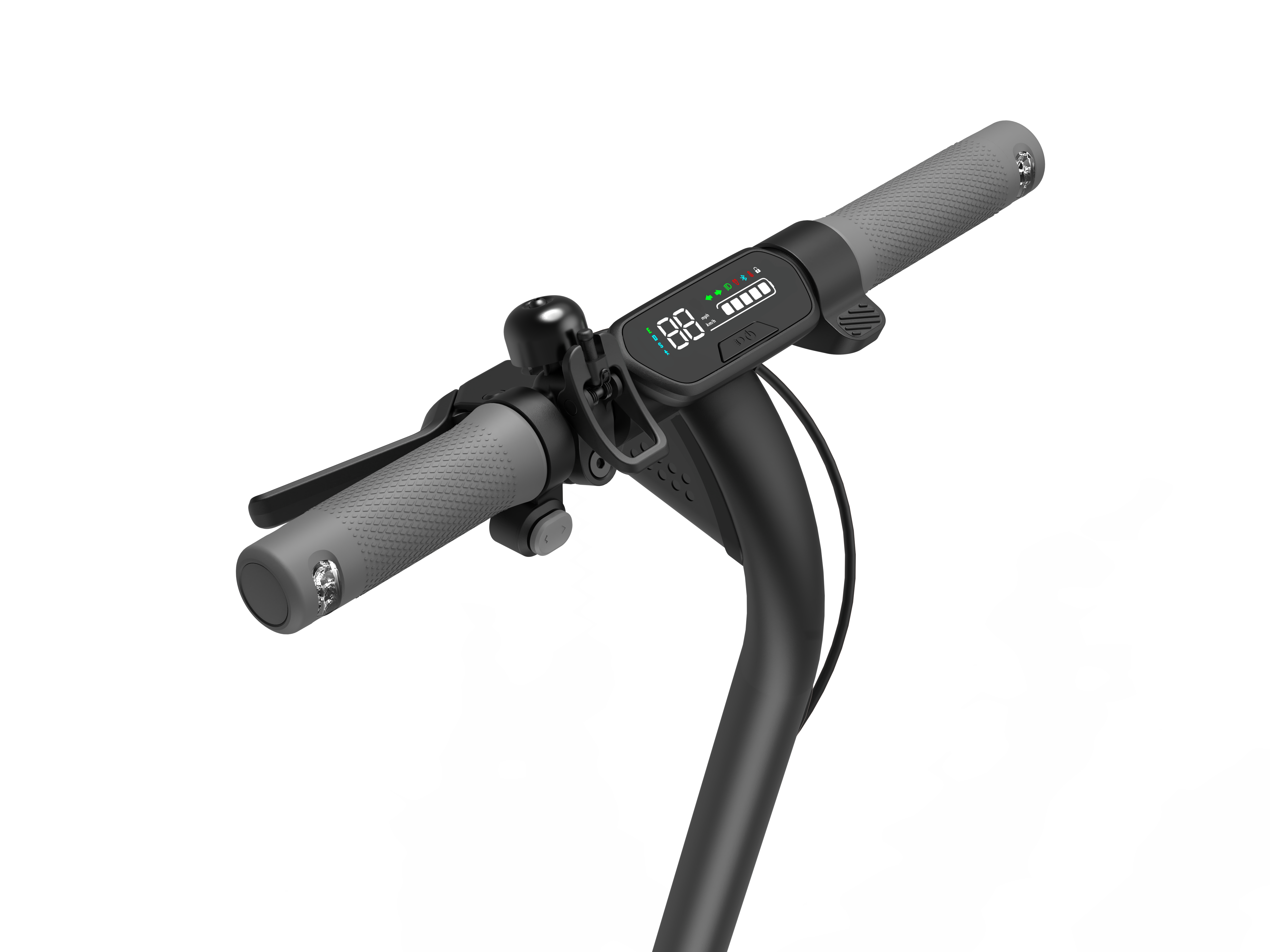 Zbliżenie kierownicy skutera z wyświetlaczem, dzwonkiem i uchwytem. Czarne i szare kolory.