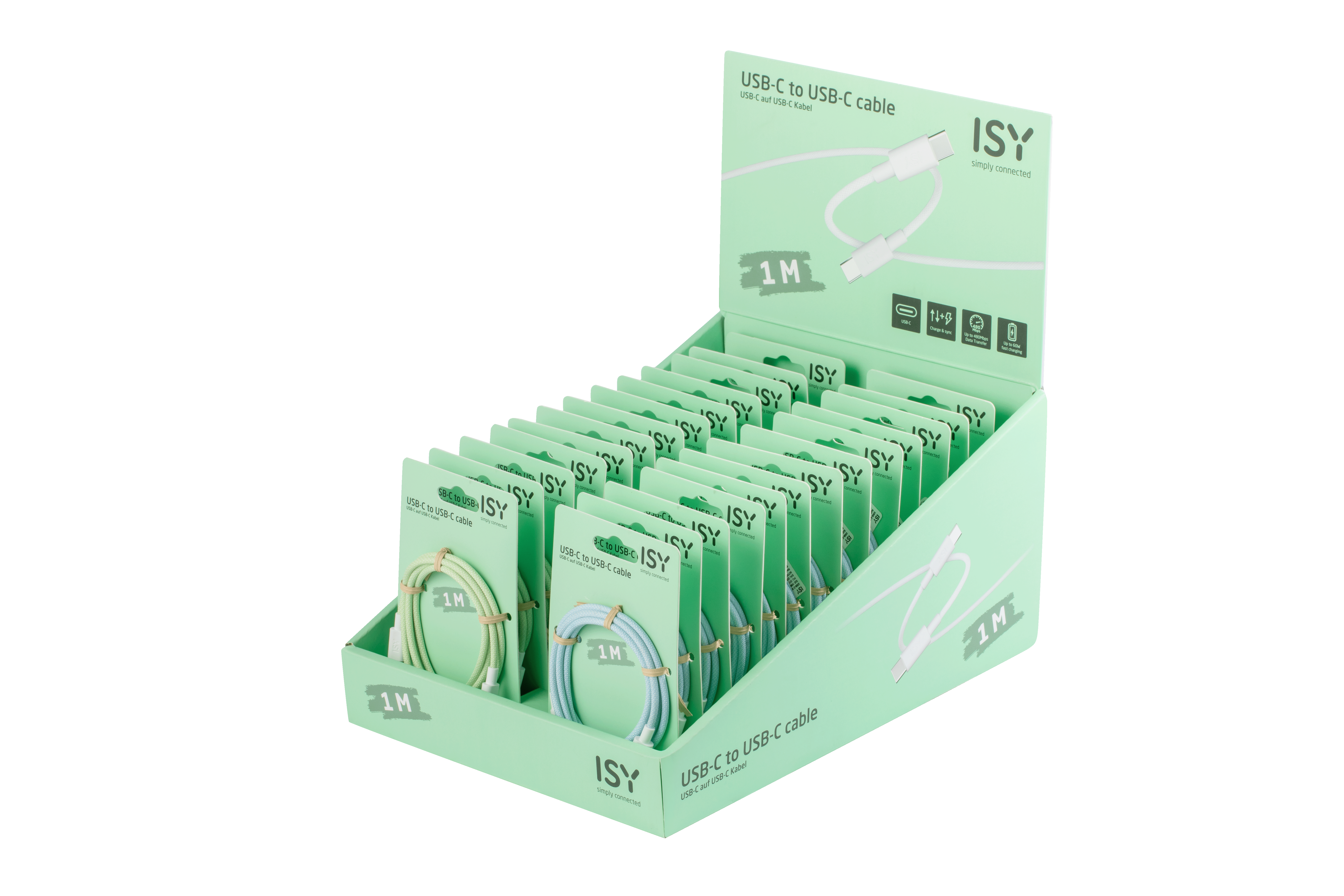 Display mit USB-C-zu-USB-C-Kabeln in Verpackung.