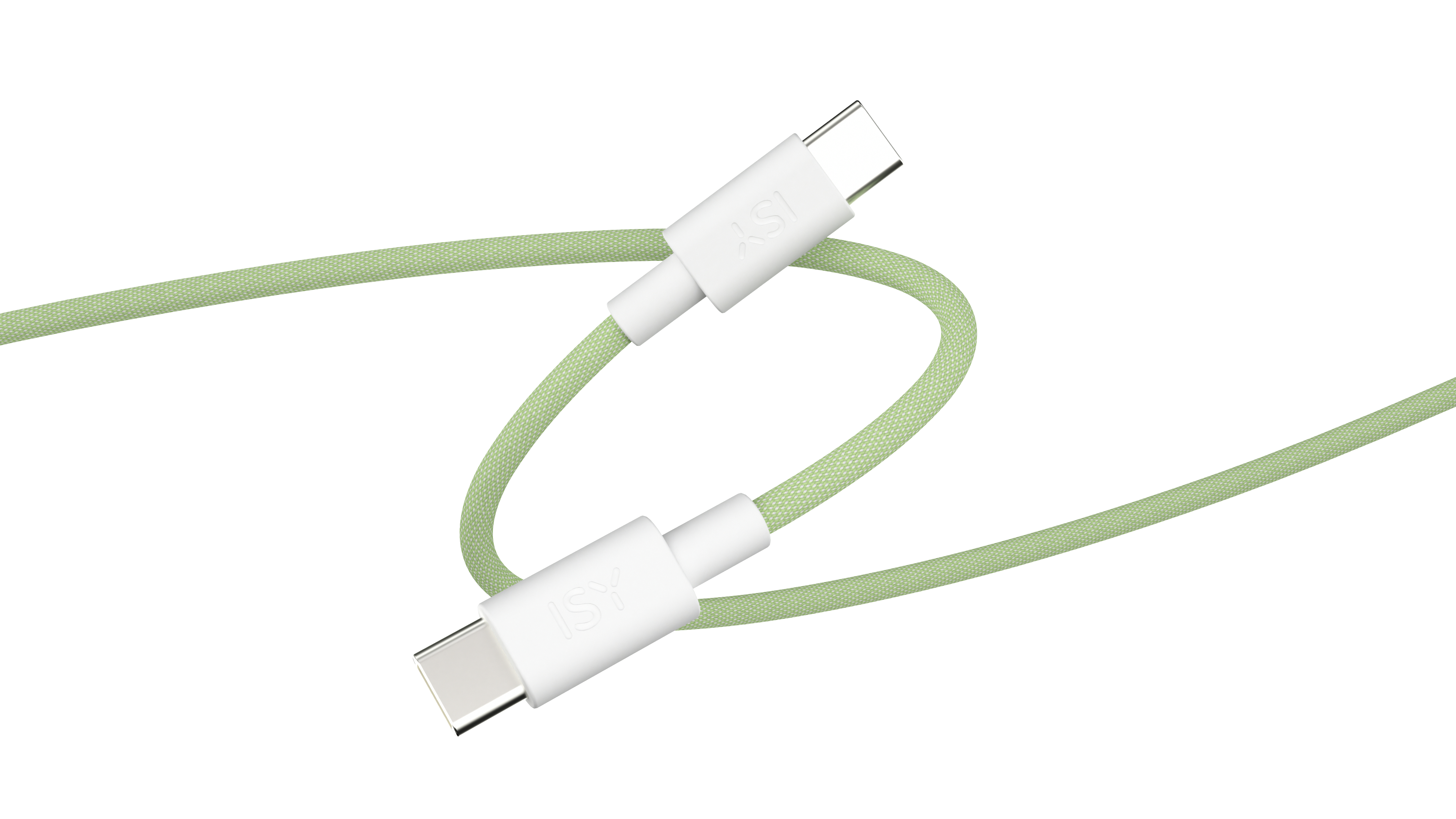 Zwei USB-C-Kabel mit weißen Steckern und grünem geflochtenem Kabel.