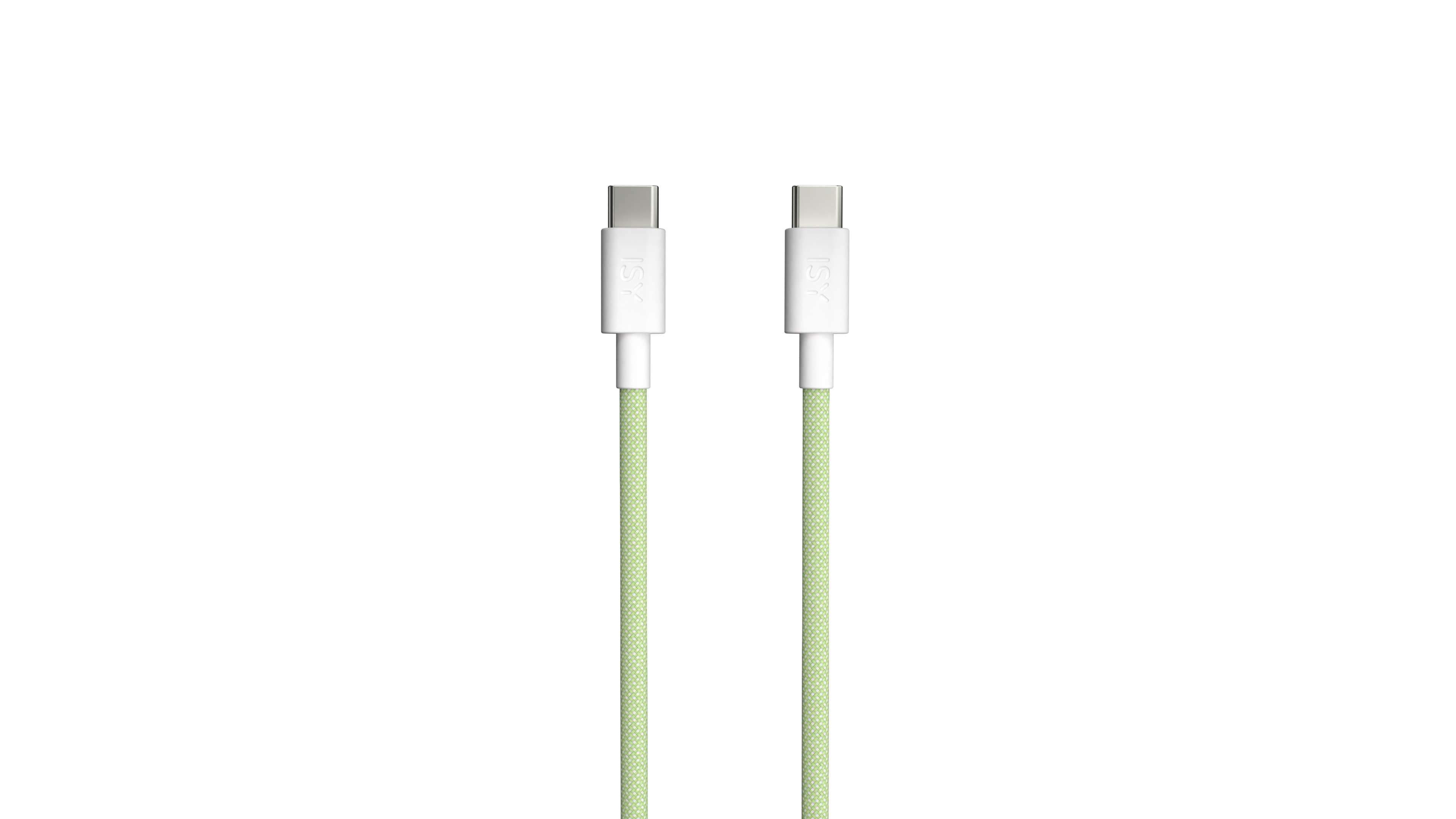 Zwei weiße USB-C-Kabel mit grün geflochtener Ummantelung und weißen Steckern.