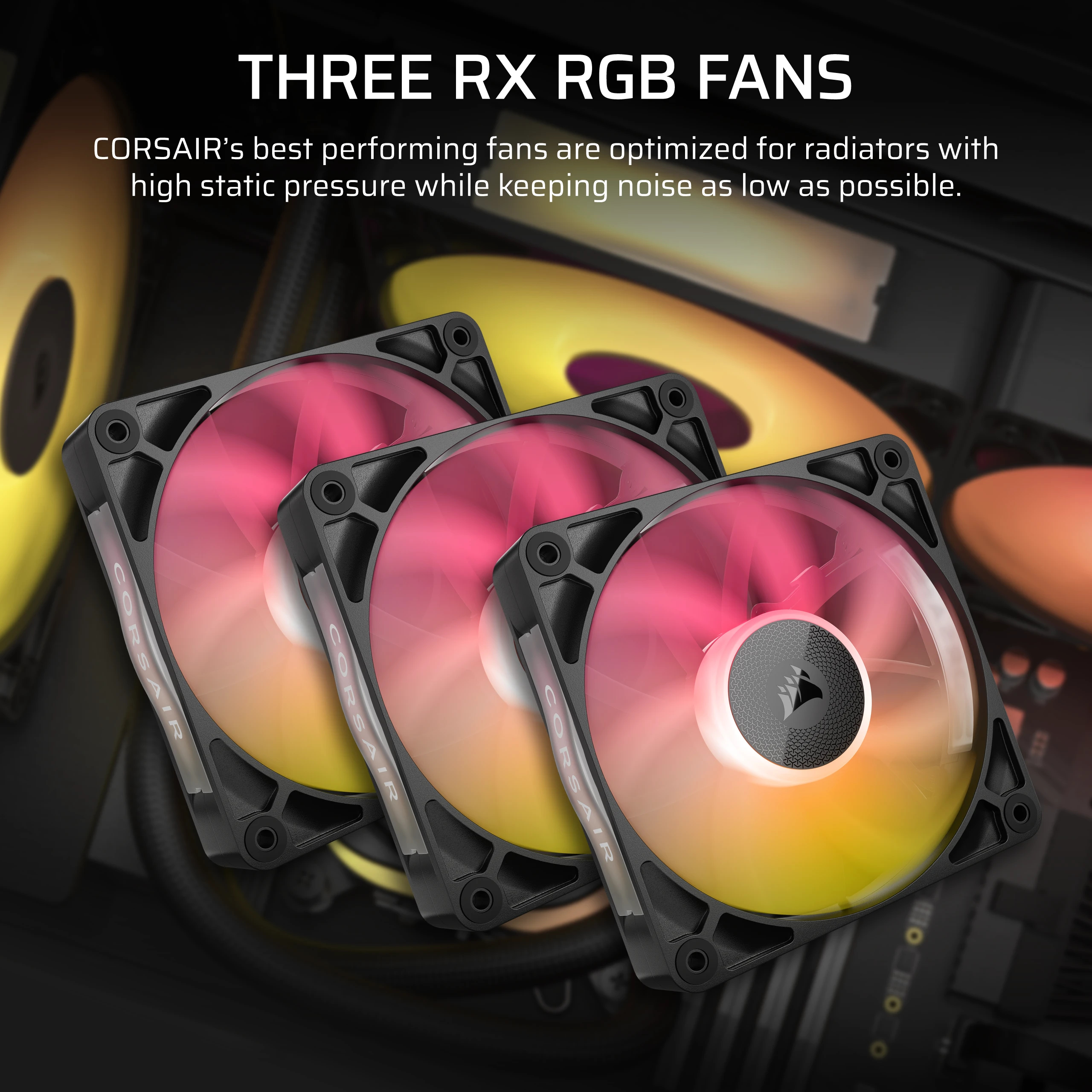 Drei Corsair RX RGB-Lüfter mit farbenfroher Beleuchtung, vor einem dunklen Computergehäuse.