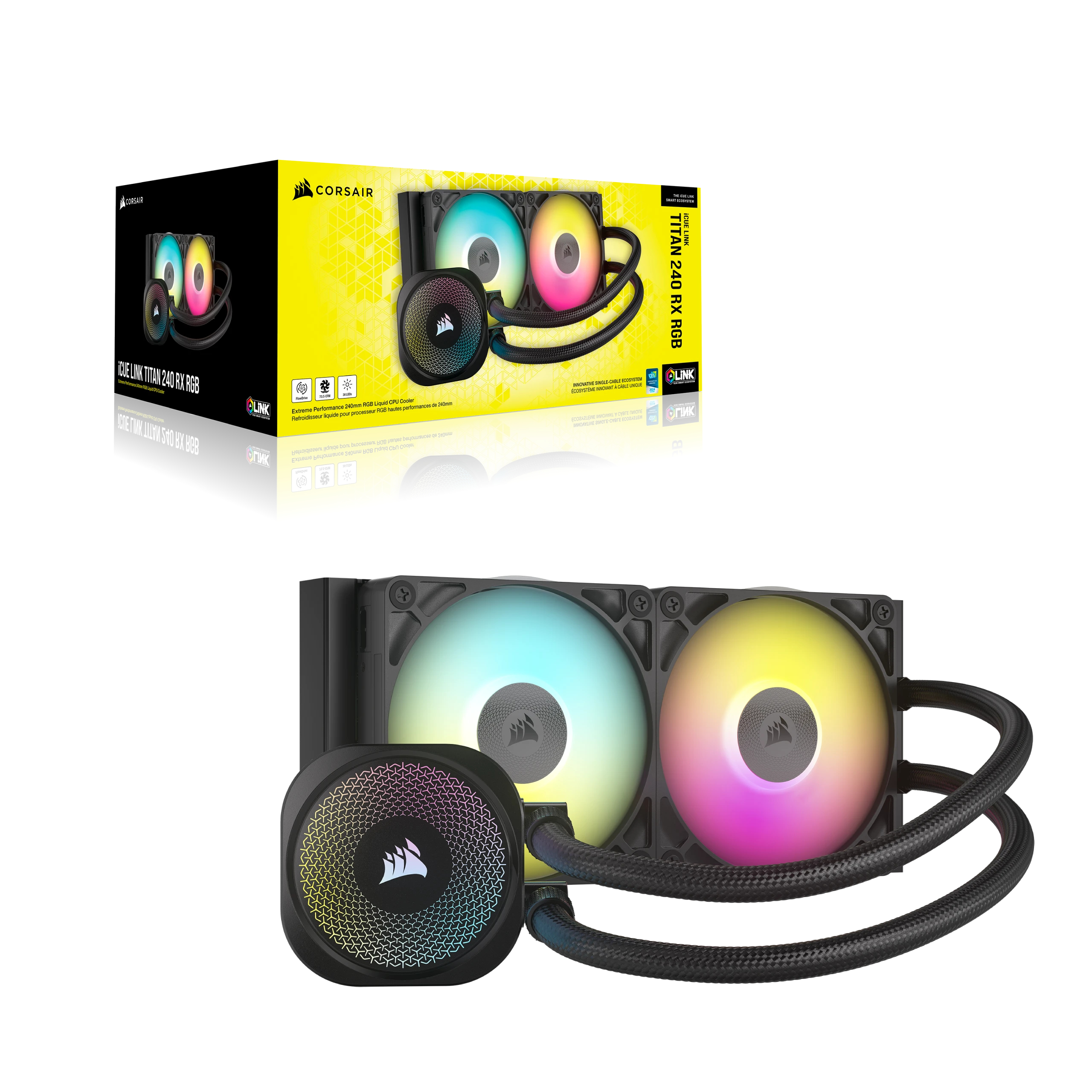 Eine Computer-Flüssigkeitskühlung mit Lüftern und Radiator, in einer Box und montiert.