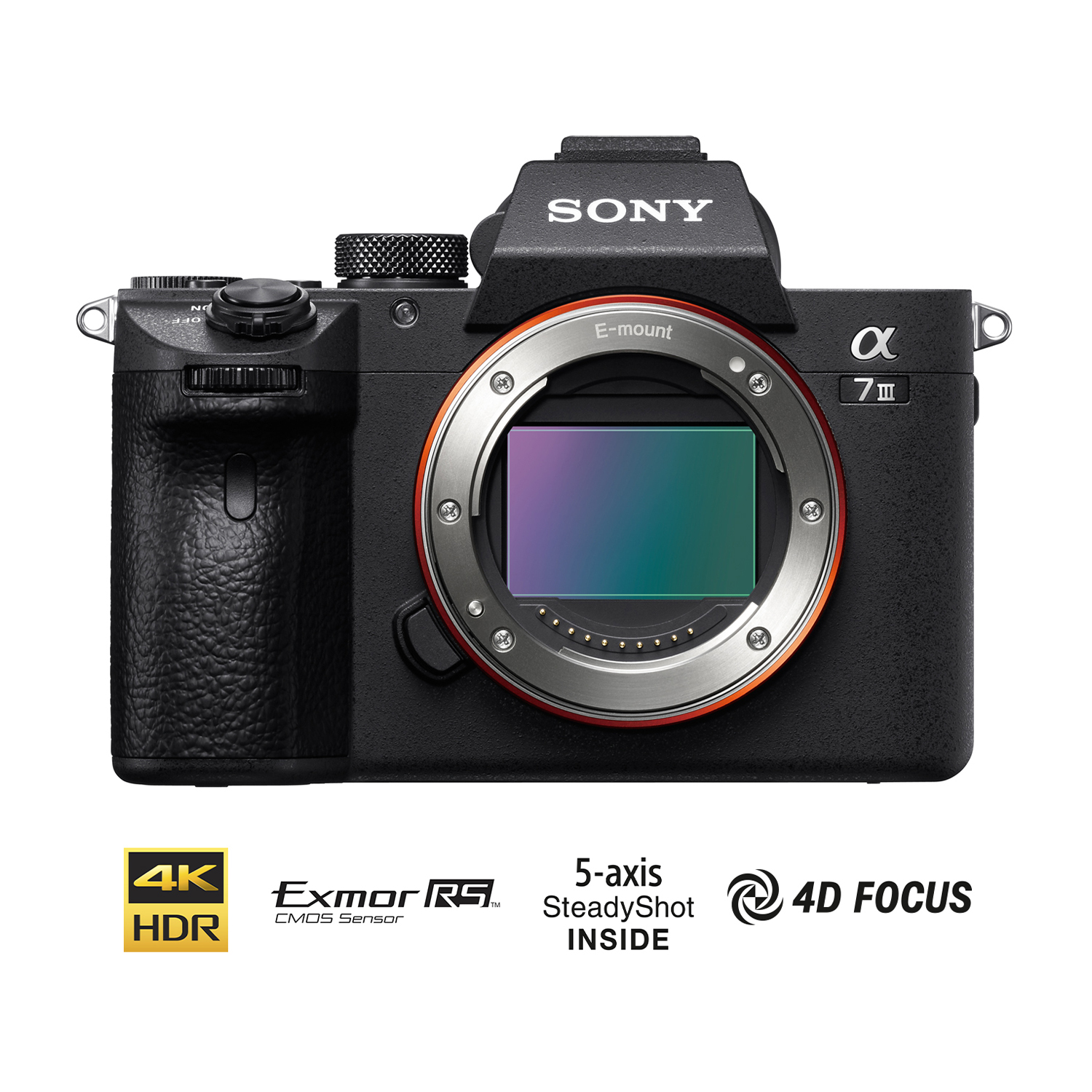 Una fotocamera Sony nera con un obiettivo, circondata da etichette di testo come '4K HDR' e '4D FOCUS'.