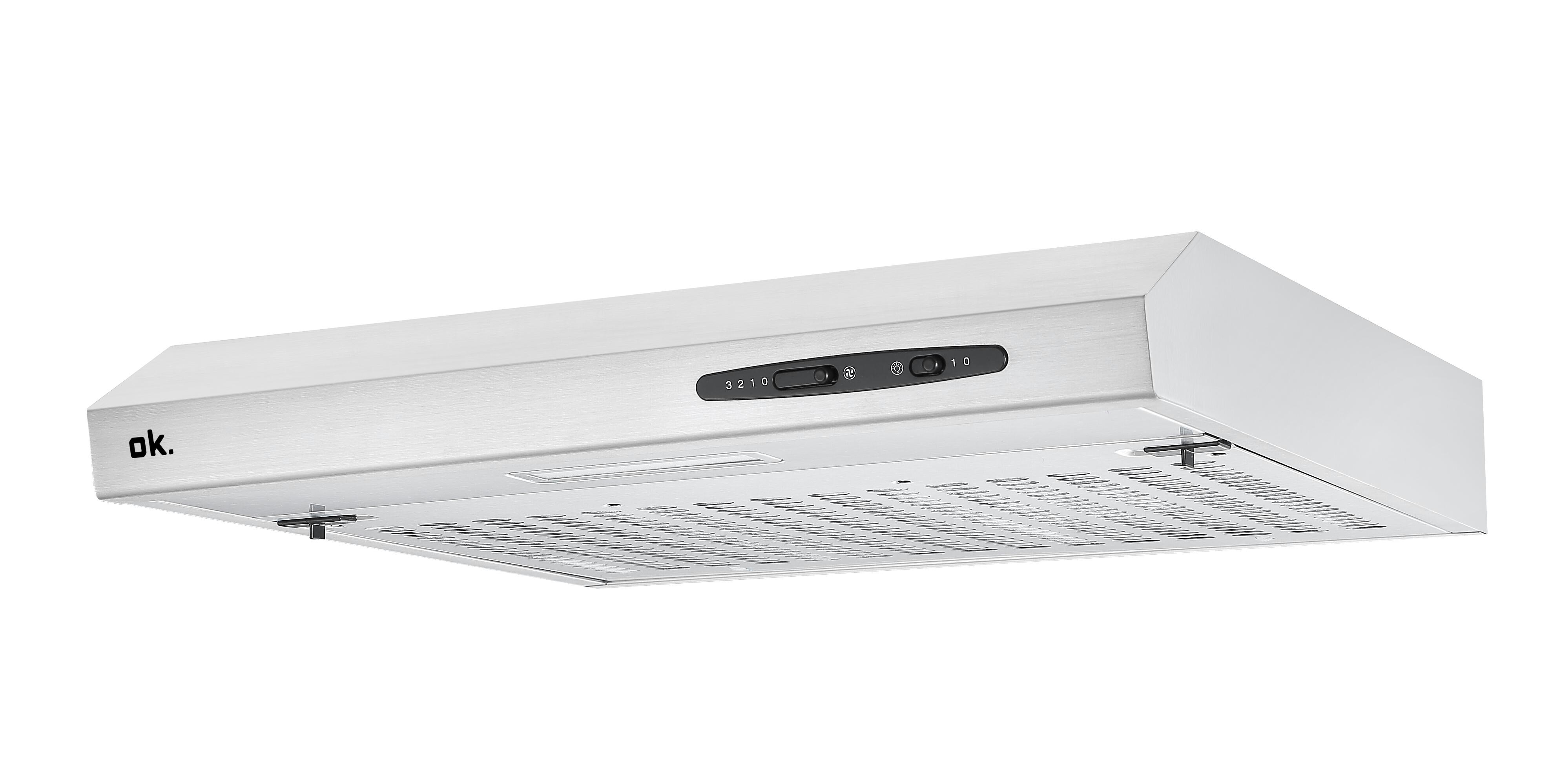 Silberne Dunstabzugshaube mit Bedienelementen. Sie ist auf weißem Hintergrund montiert.