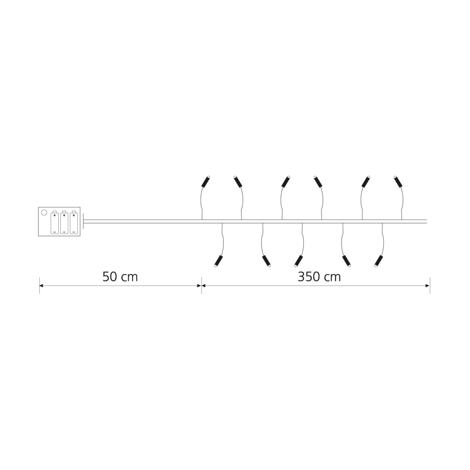 Disegno a linea mostra un alimentatore collegato a una catena luminosa, dimensioni 50cm e 350cm.