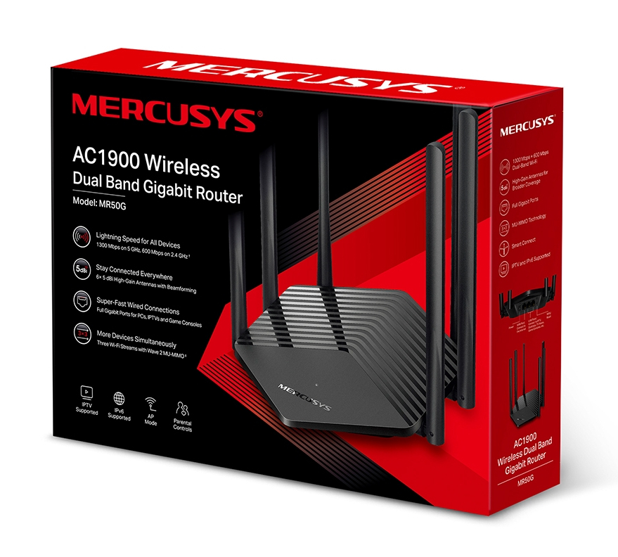 Pokazano pudełko routera gigabitowego dwuzakresowego bezprzewodowego Mercusys AC1900.
