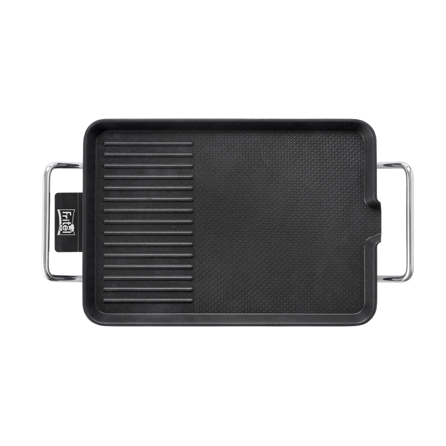 Bovenaanzicht van een zwarte grillpan met parallelle ribbels en twee zilveren handvatten.