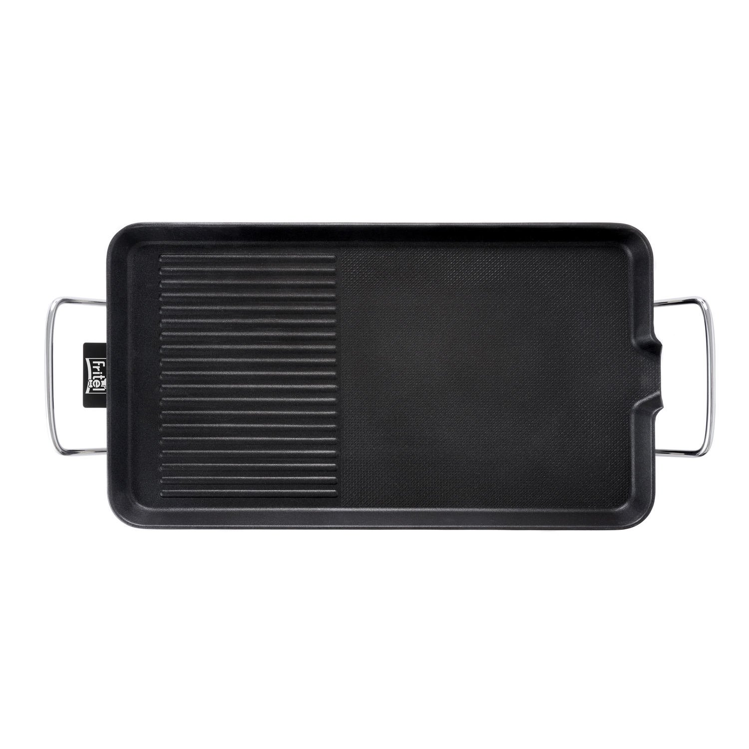 A black rectangular grill pan with ridged and smooth sections, with metal handles.