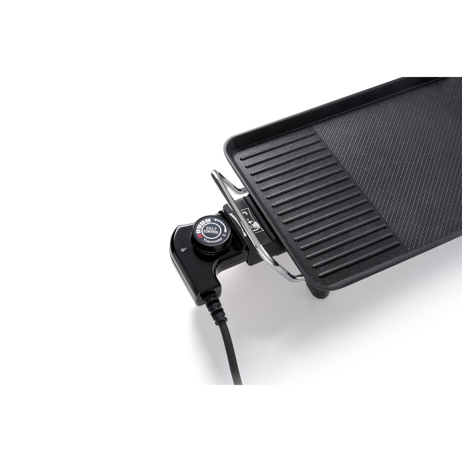 An electric grill with temperature control. The grill is black and has a handle.