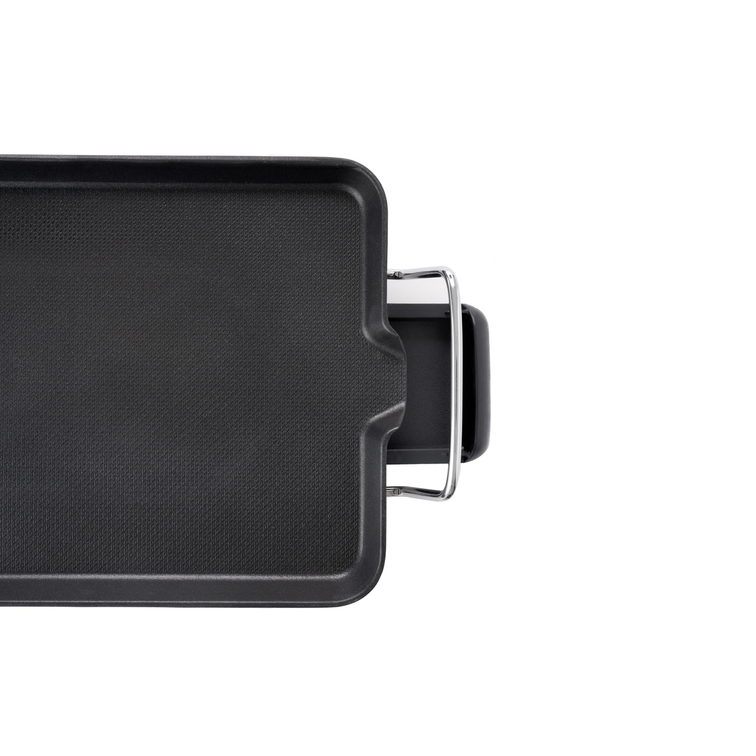 A black square grill pan with a silver handle, isolated on white.