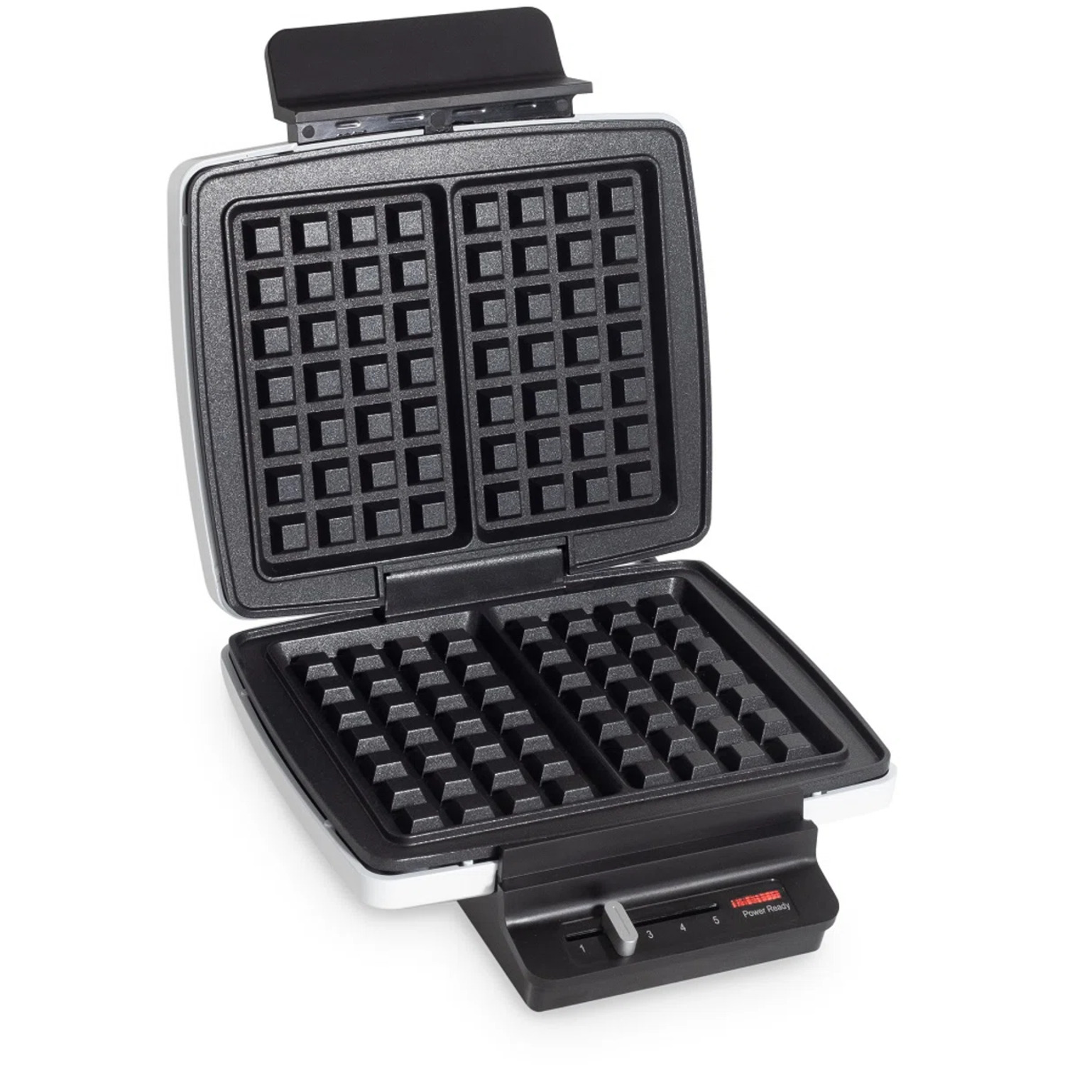 An open waffle maker, showing two waffle grids. The machine is white and black with a dial.
