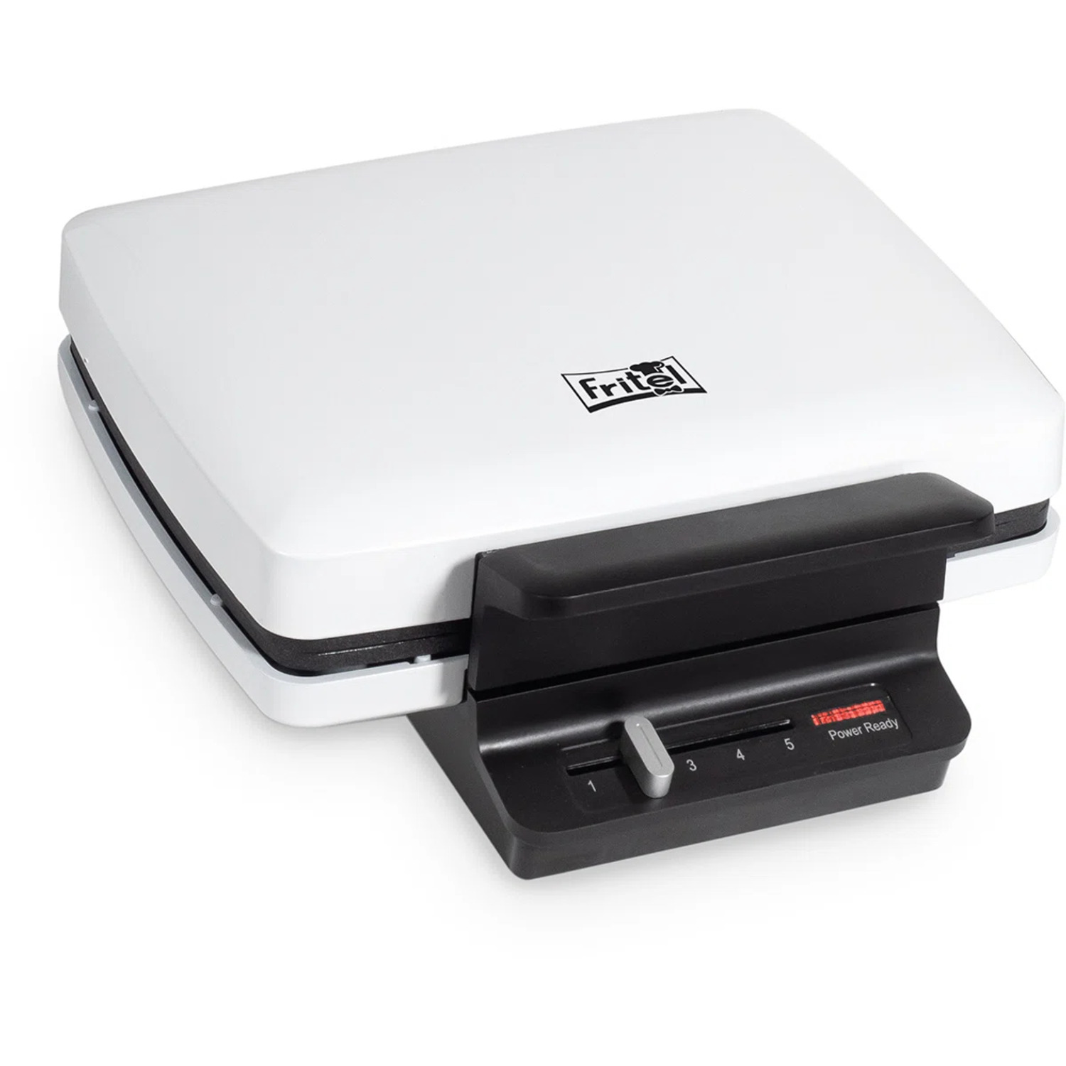 White waffle maker with a black base and control panel. The brand name is visible.