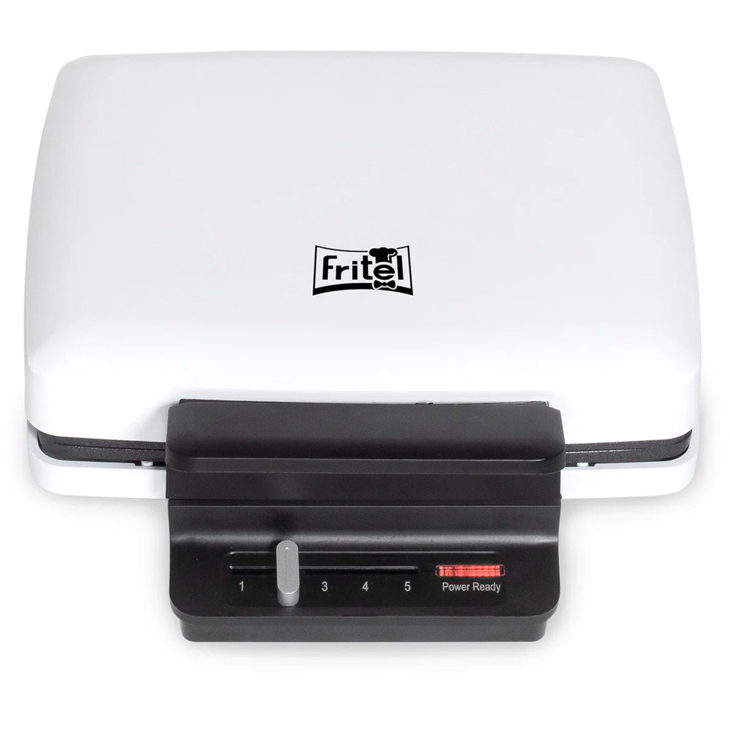 White waffle maker with a black control panel. Shows a dial from 1 to 5, and a power ready light.
