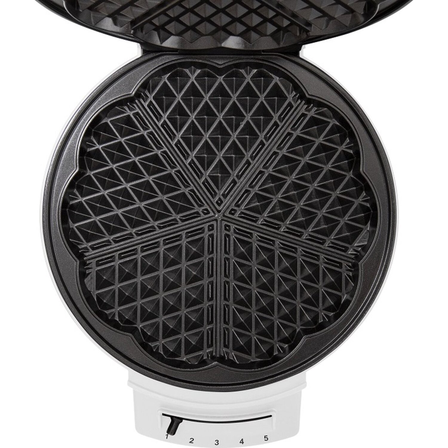 Open waffle maker with a black interior. White base and a dial with numbers 1-5.