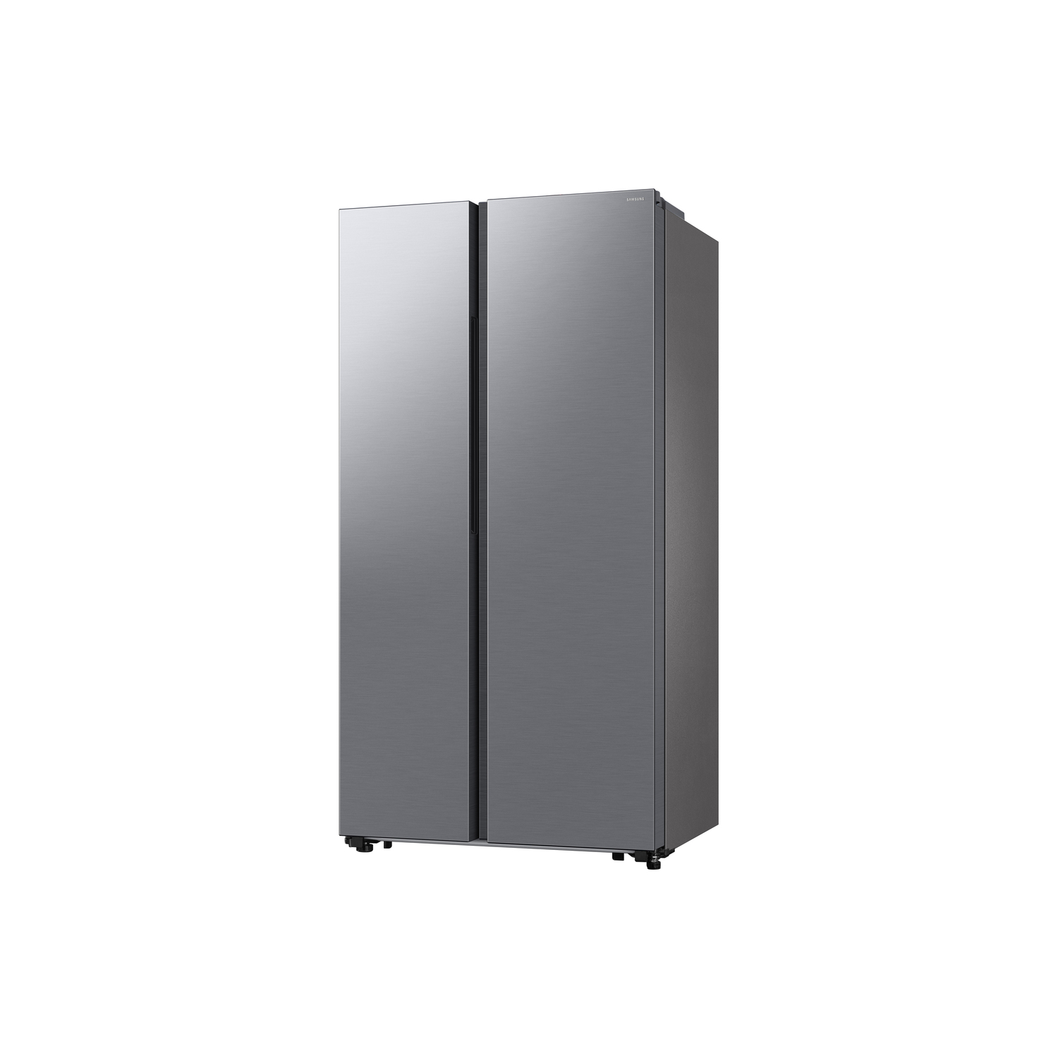 Side-by-side refrigerator, gray color, isolated on a white background, showing the doors.