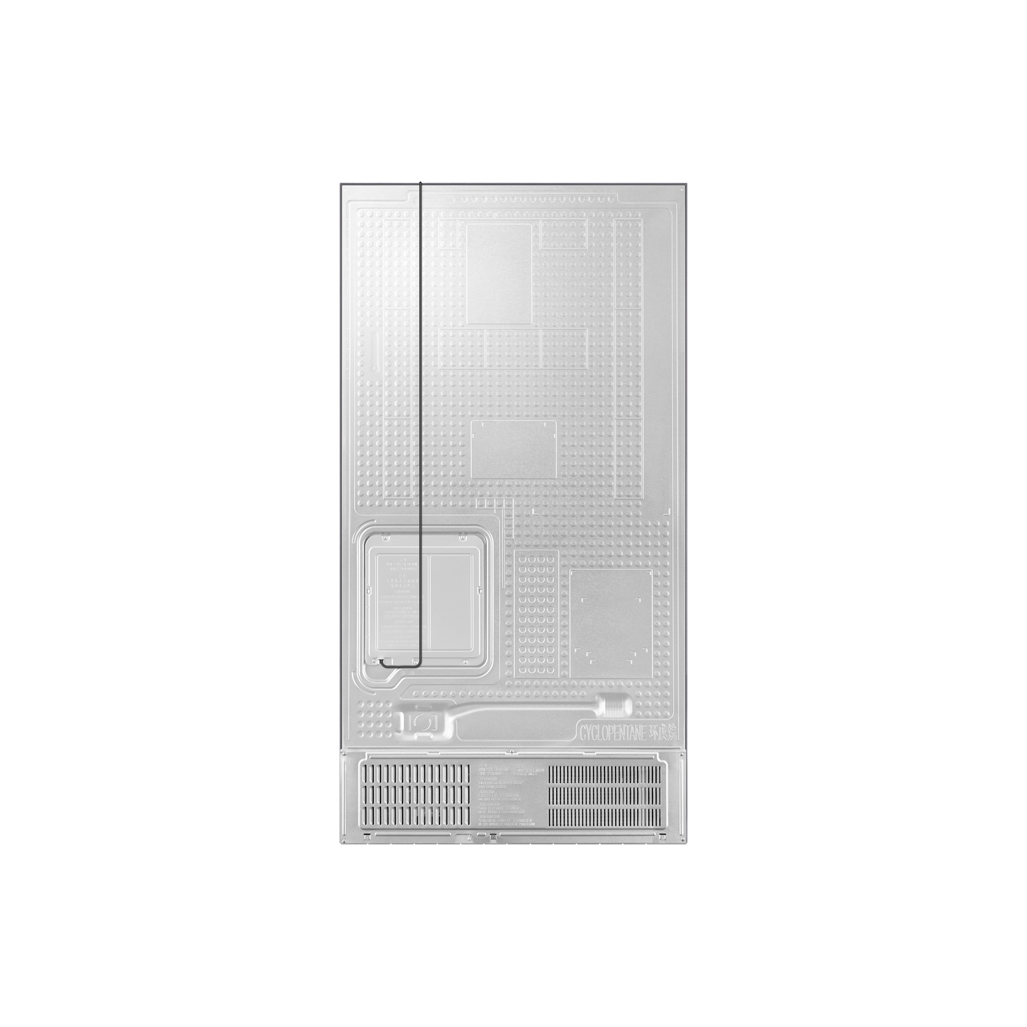 Back of a refrigerator showing the compressor, vents, and other components.