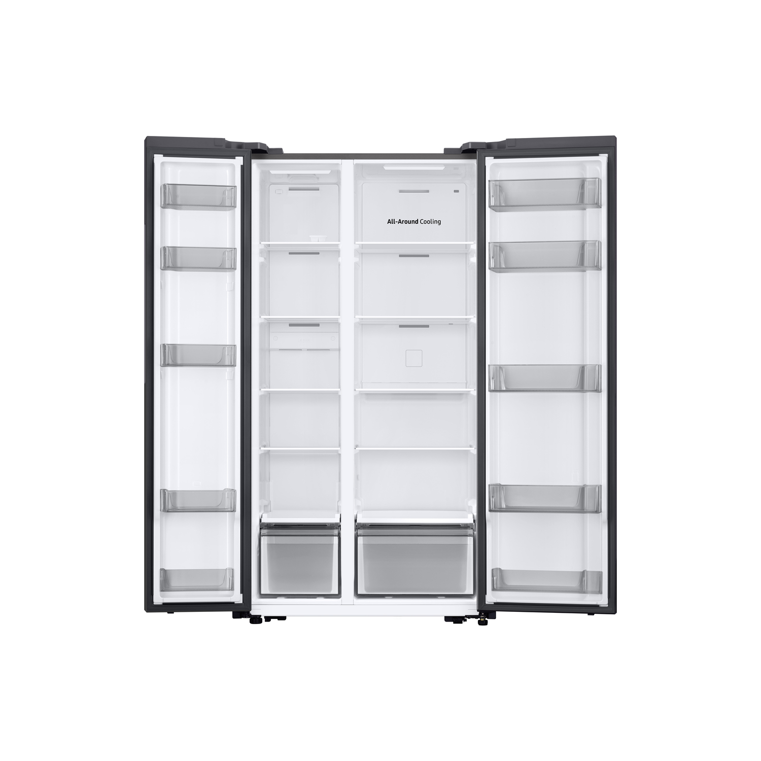 Open black refrigerator with multiple shelves and drawers, white interior and gray frames.